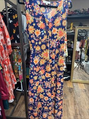 Chaus Navy Maxi Dress with Pink & Orange Floral Print